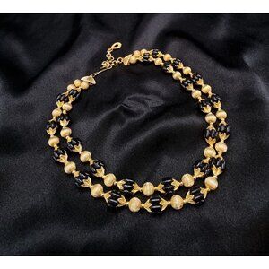 Vintage 1970s Gold & Black Double Strand Beaded Choker Necklace